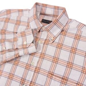 Corneliani ID Mens Size M 40 Plaid Button Down Shirt Orange Brown Beige Cotton